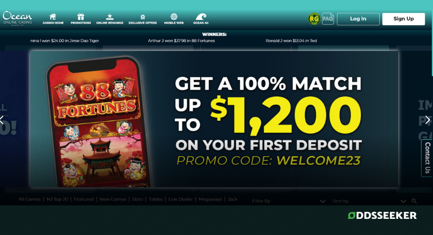 A screenshot of the desktop login page for Ocean Online Casino